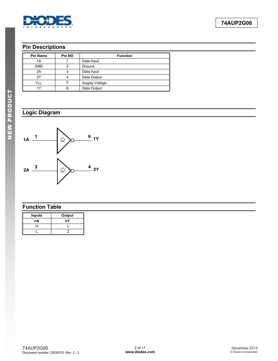 Pin descriptions, Logic diagram, Function table | Diodes 74AUP2G06 User Manual | Page 2 / 11