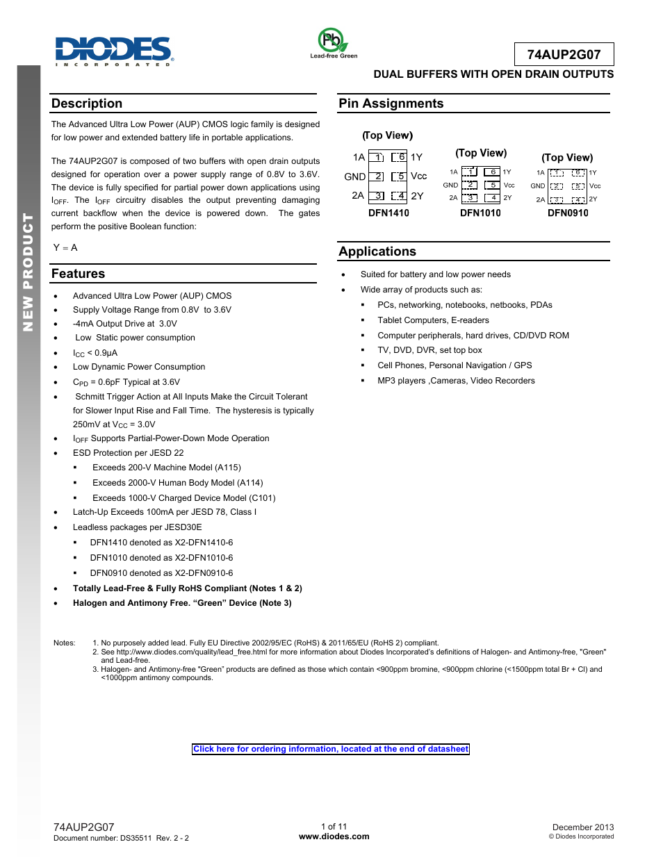 Diodes 74AUP2G07 User Manual | 11 pages