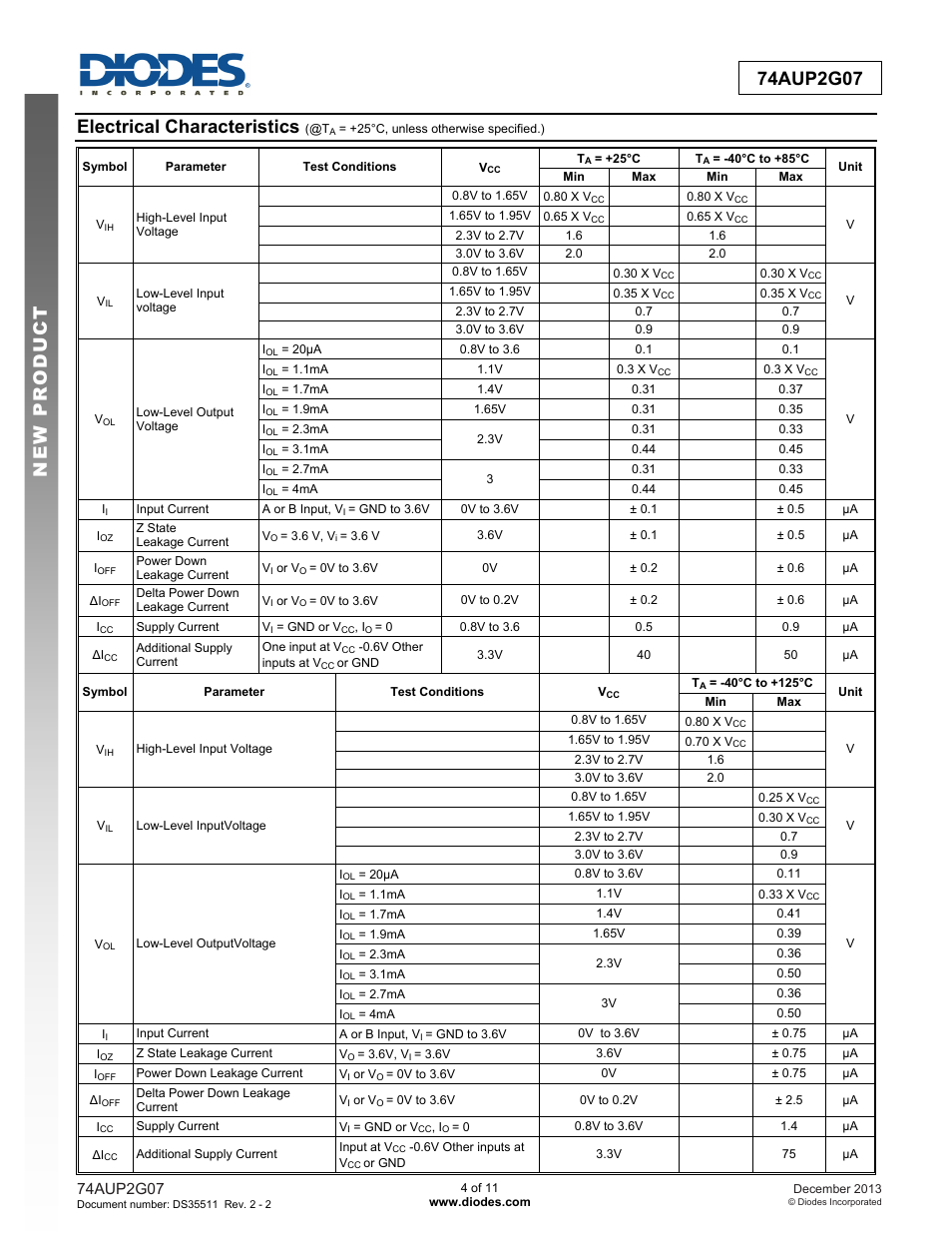 Electrical characteristics | Diodes 74AUP2G07 User Manual | Page 4 / 11