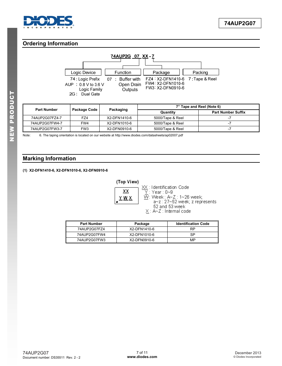 Ordering information, Marking information | Diodes 74AUP2G07 User Manual | Page 7 / 11