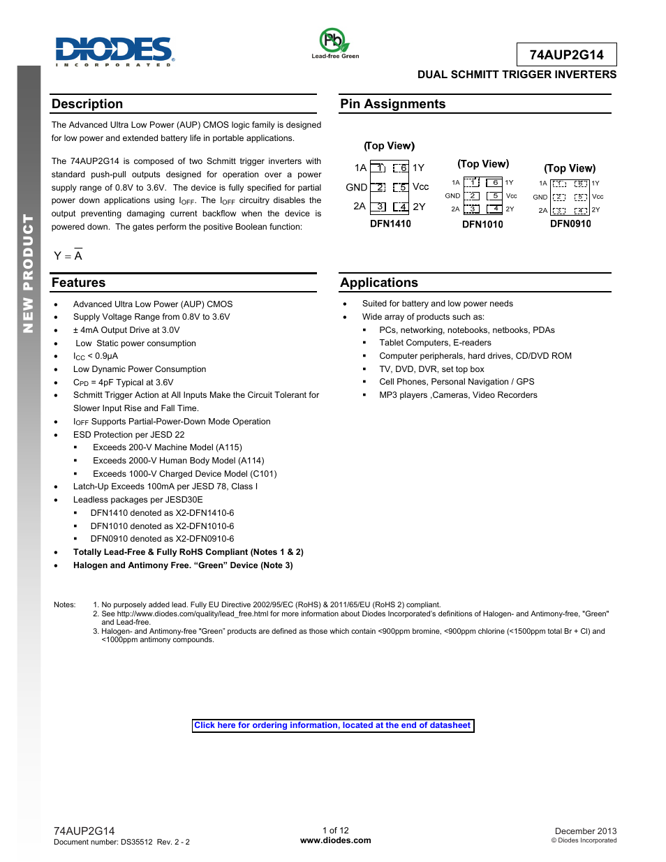 Diodes 74AUP2G14 User Manual | 12 pages