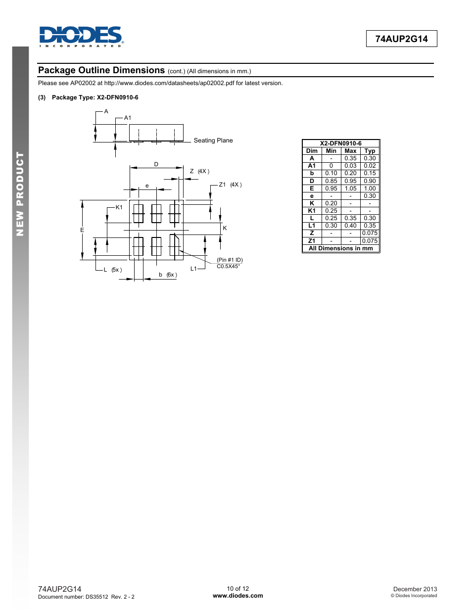 Package outline dimensions | Diodes 74AUP2G14 User Manual | Page 10 / 12