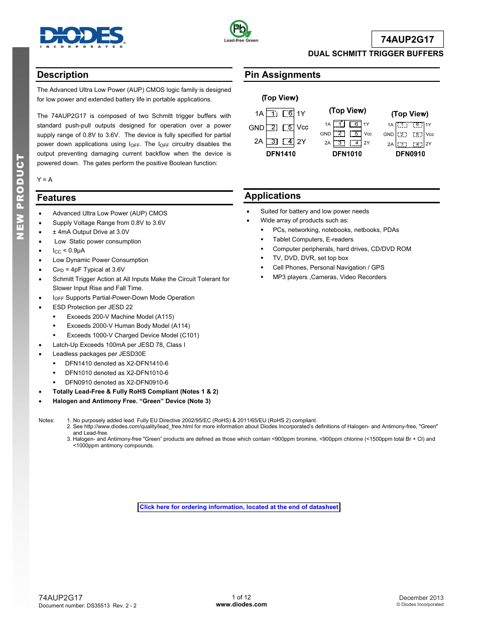Diodes 74AUP2G17 User Manual | 12 pages