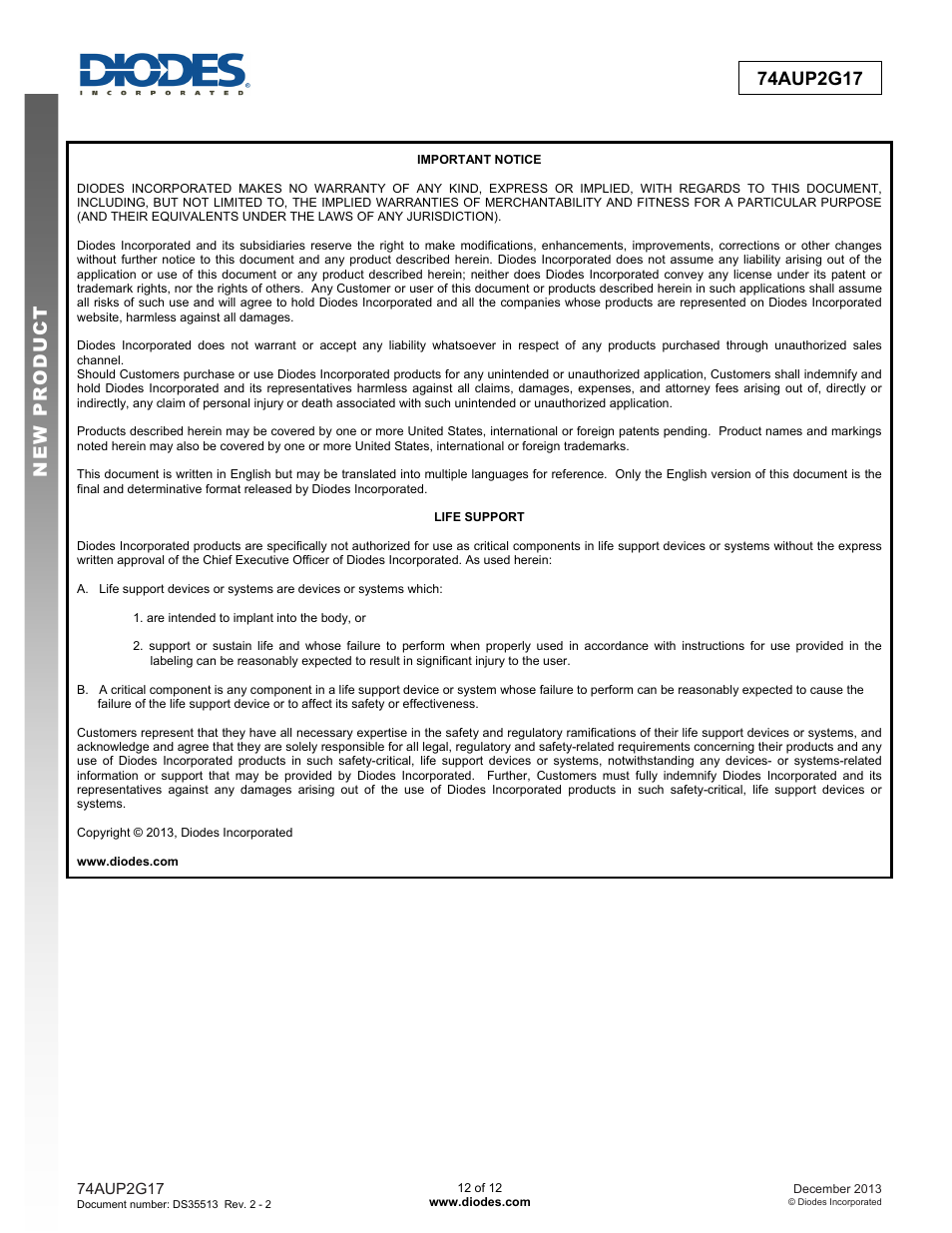 Diodes 74AUP2G17 User Manual | Page 12 / 12