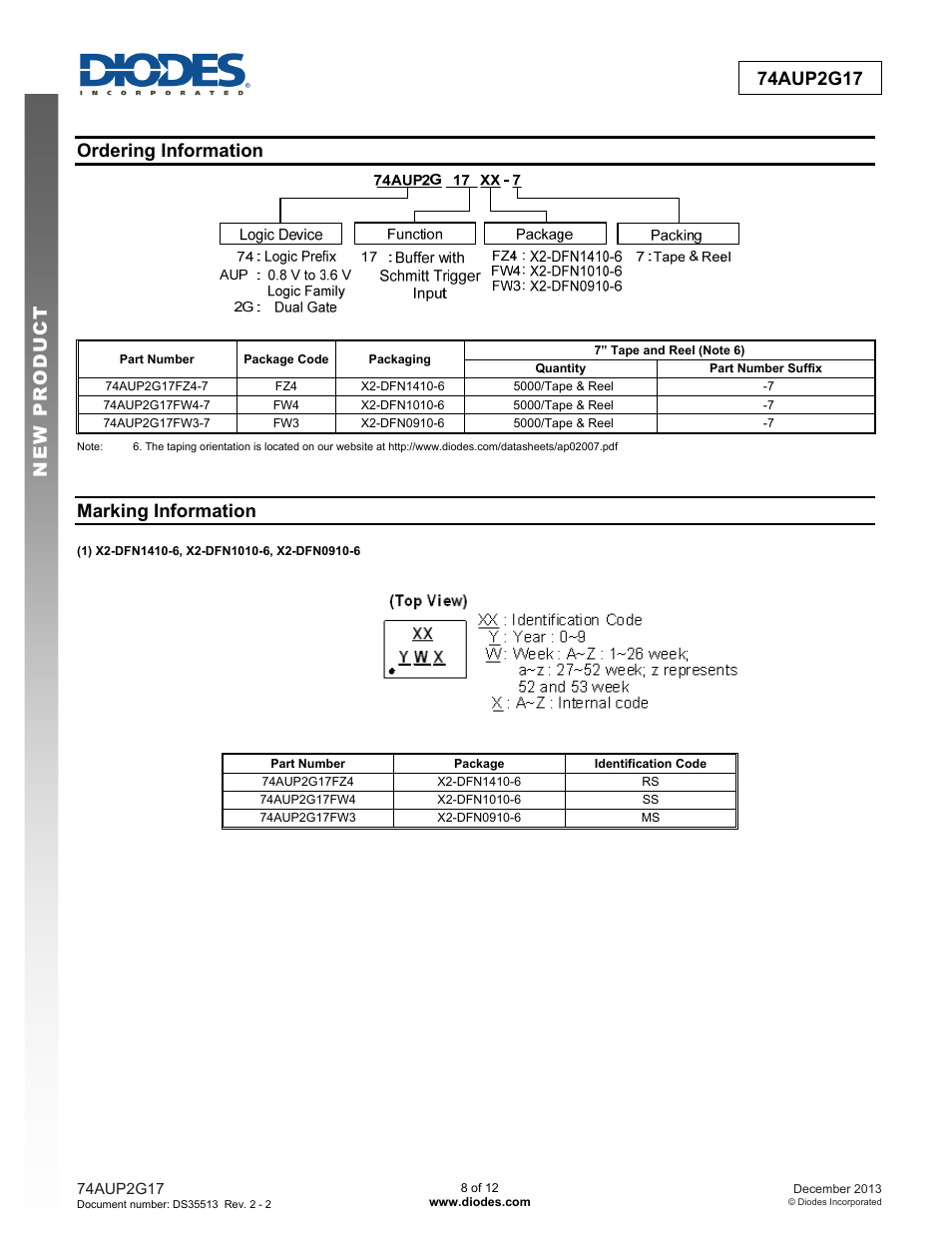 Ordering information, Marking information | Diodes 74AUP2G17 User Manual | Page 8 / 12