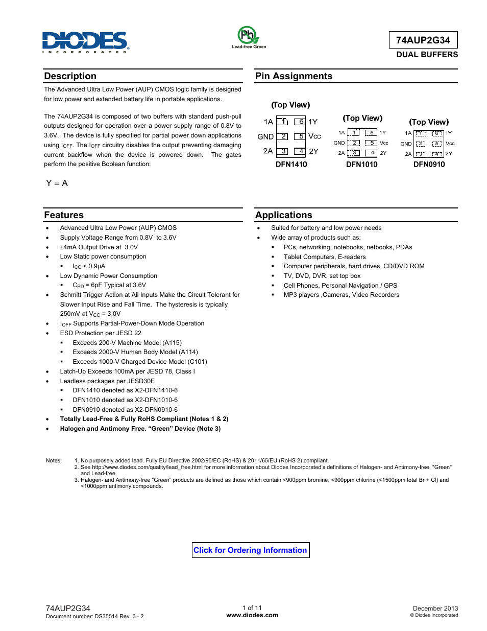 Diodes 74AUP2G34 User Manual | 11 pages