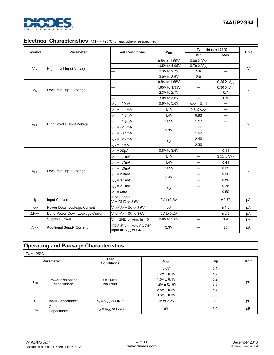 Electrical characteristics, Operating and package characteristics | Diodes 74AUP2G34 User Manual | Page 4 / 11