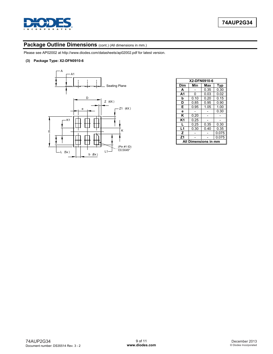 Package outline dimensions | Diodes 74AUP2G34 User Manual | Page 9 / 11