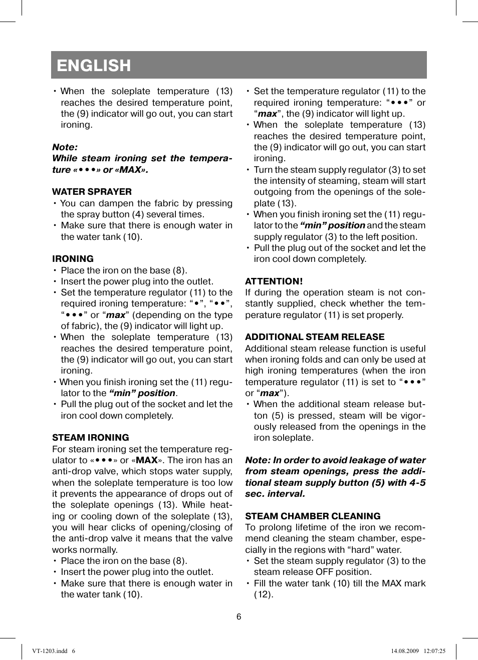 English | Vitek VT-1203 User Manual | Page 6 / 44