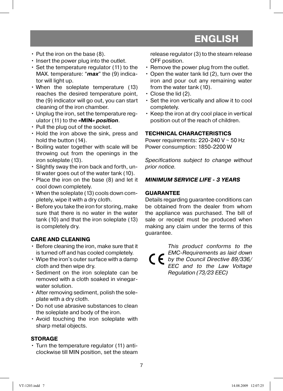 English | Vitek VT-1203 User Manual | Page 7 / 44