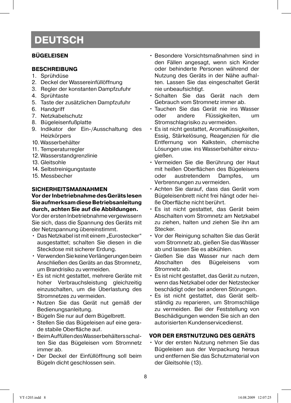 Deutsch | Vitek VT-1203 User Manual | Page 8 / 44