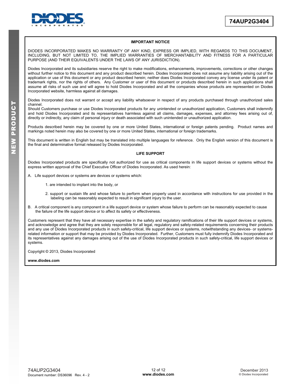 Diodes 74AUP2G3404 User Manual | Page 12 / 12