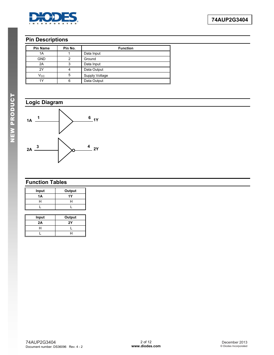 Pin descriptions, Logic diagram, Function tables | Diodes 74AUP2G3404 User Manual | Page 2 / 12