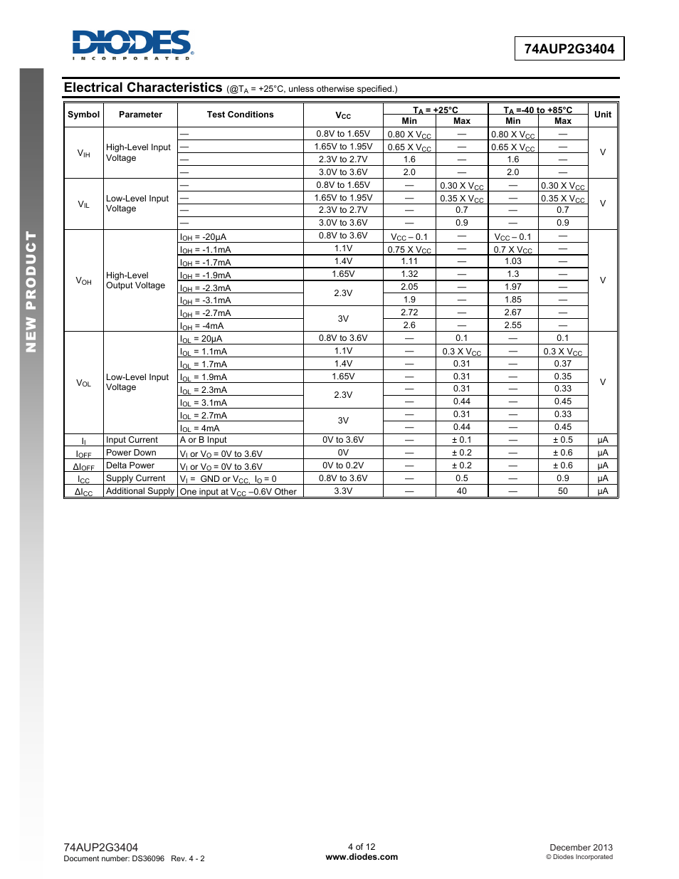 Electrical characteristics | Diodes 74AUP2G3404 User Manual | Page 4 / 12