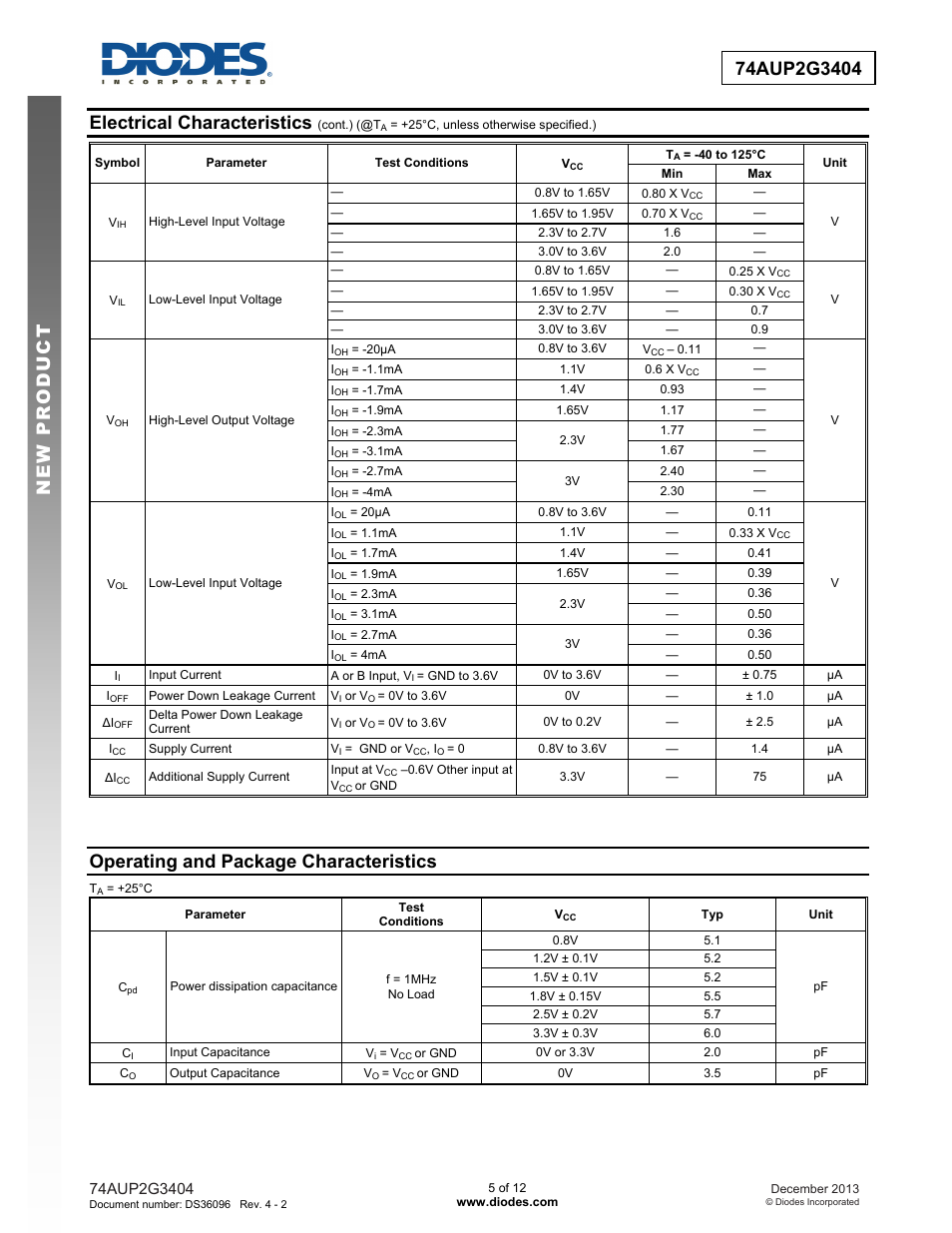 Electrical characteristics, Operating and package characteristics | Diodes 74AUP2G3404 User Manual | Page 5 / 12
