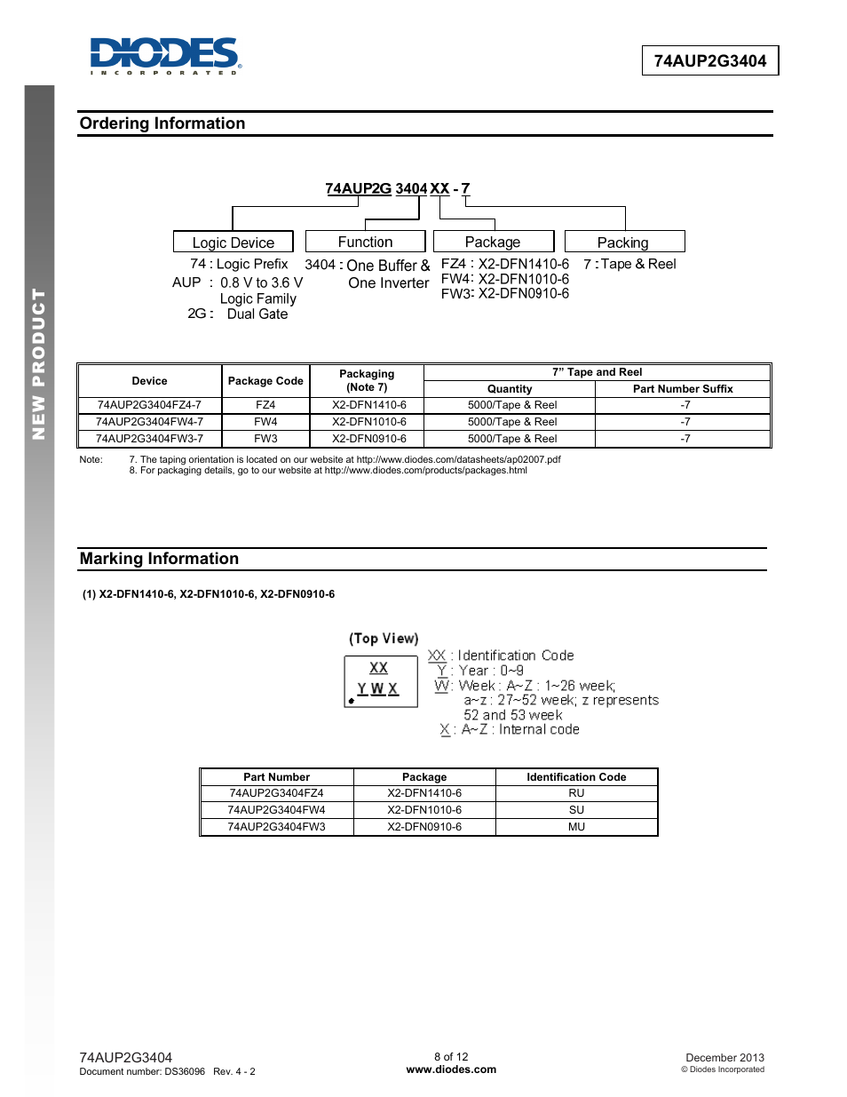 Ordering information, Marking information | Diodes 74AUP2G3404 User Manual | Page 8 / 12