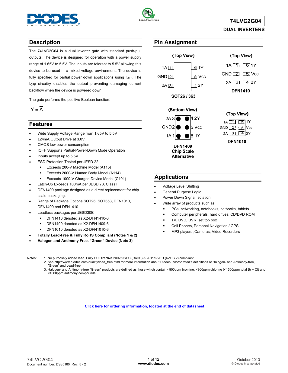 Diodes 74LVC2G04 User Manual | 12 pages