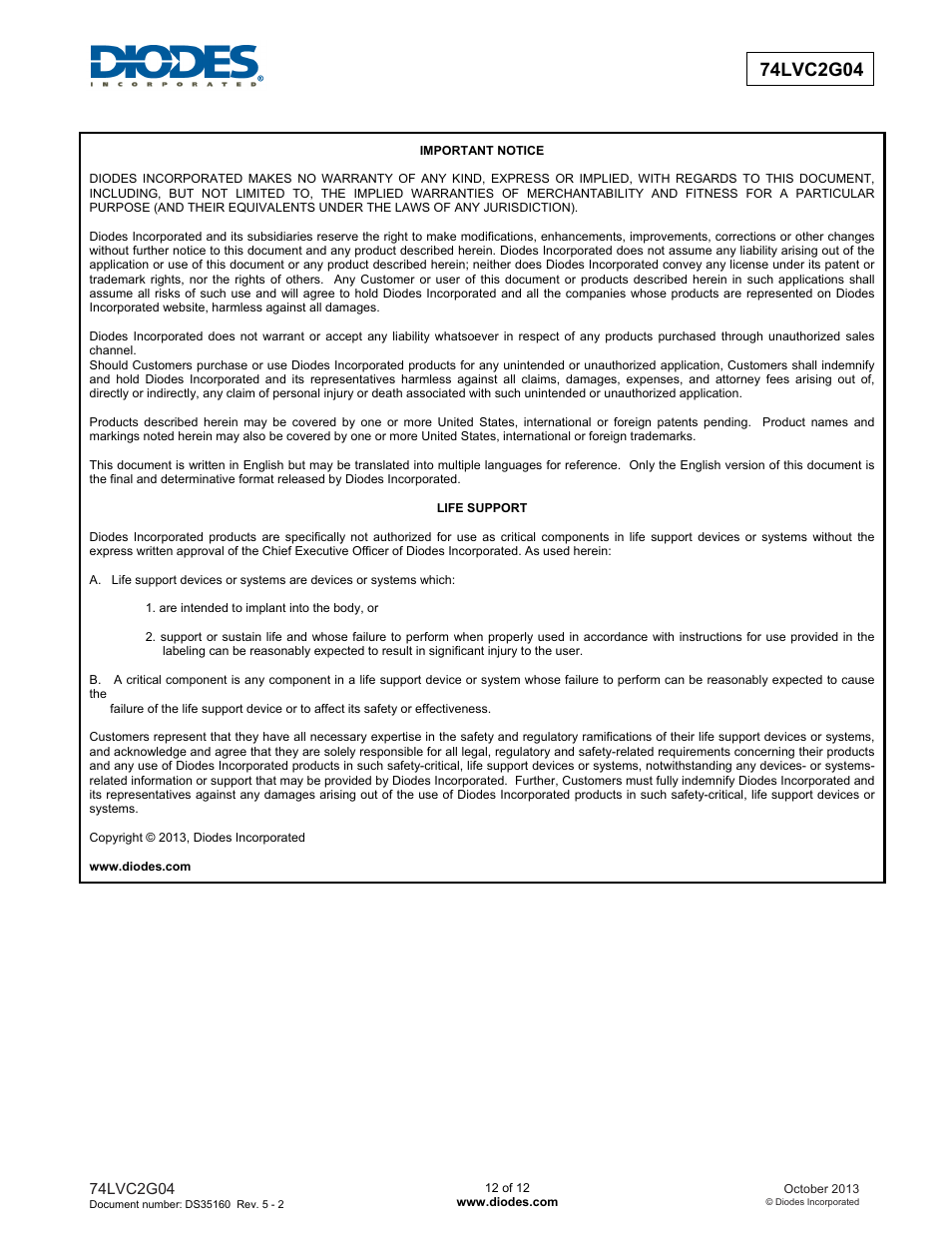 Diodes 74LVC2G04 User Manual | Page 12 / 12