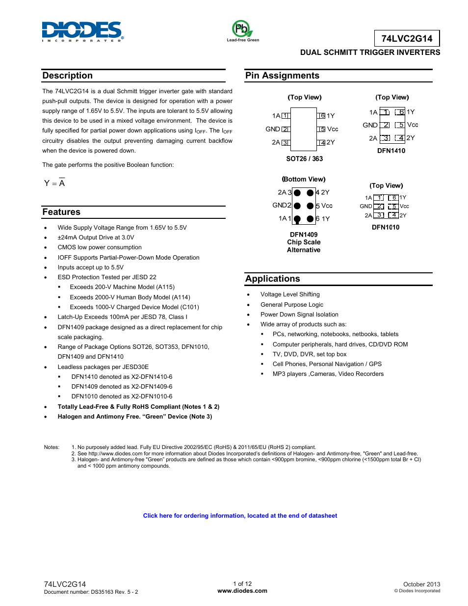 Diodes 74LVC2G14 User Manual | 12 pages