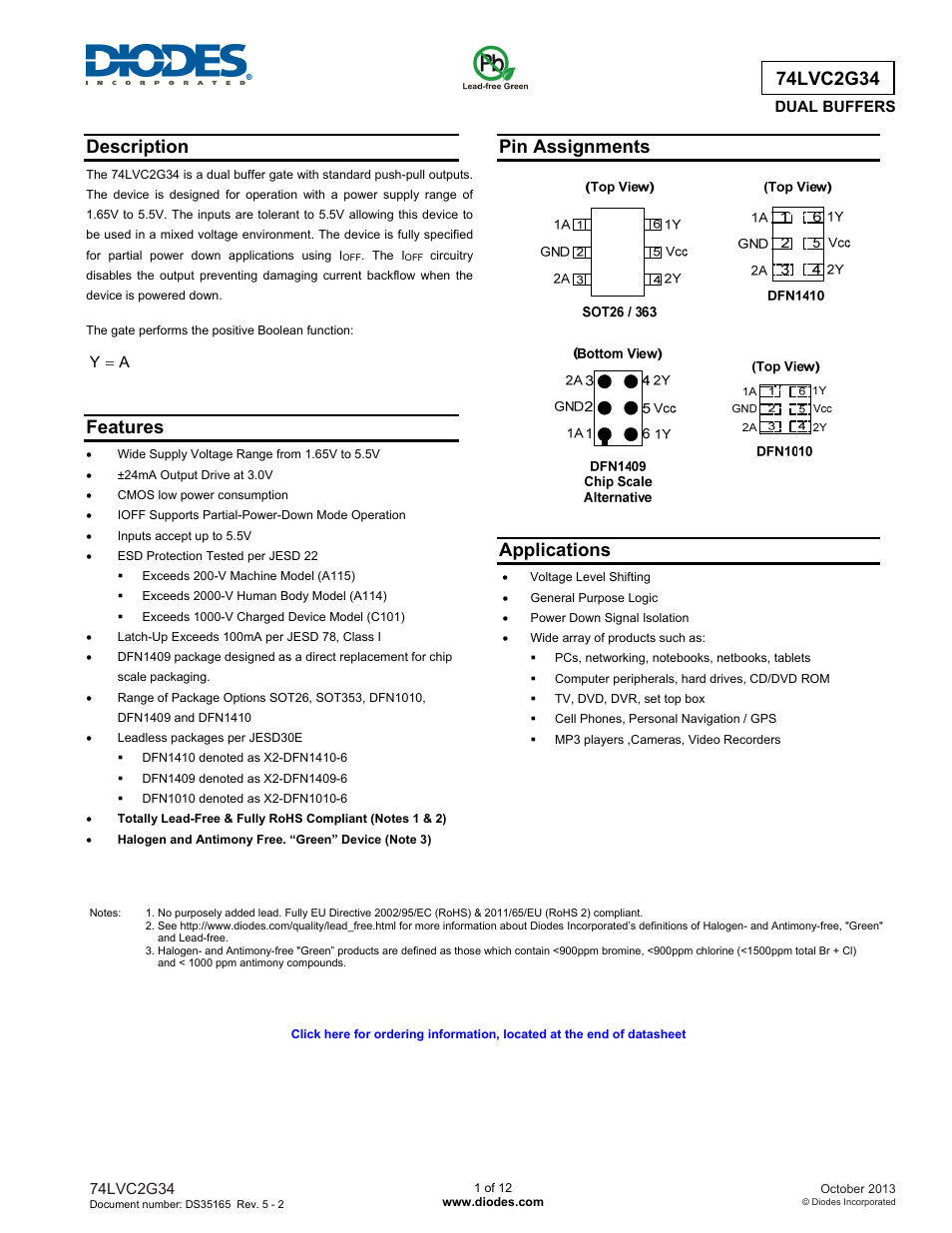 Diodes 74LVC2G34 User Manual | 12 pages
