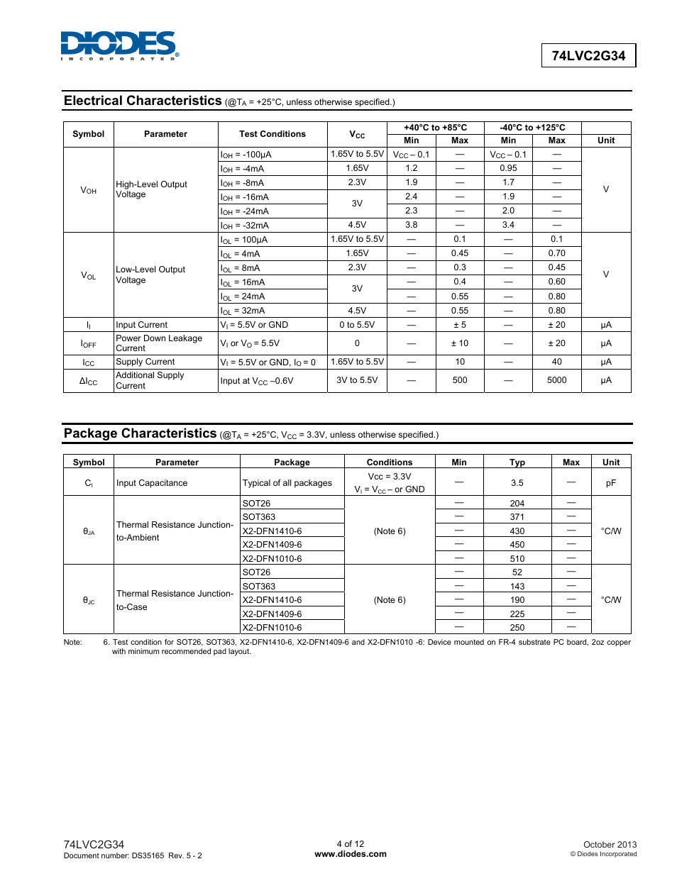 Electrical characteristics, Package characteristics | Diodes 74LVC2G34 User Manual | Page 4 / 12