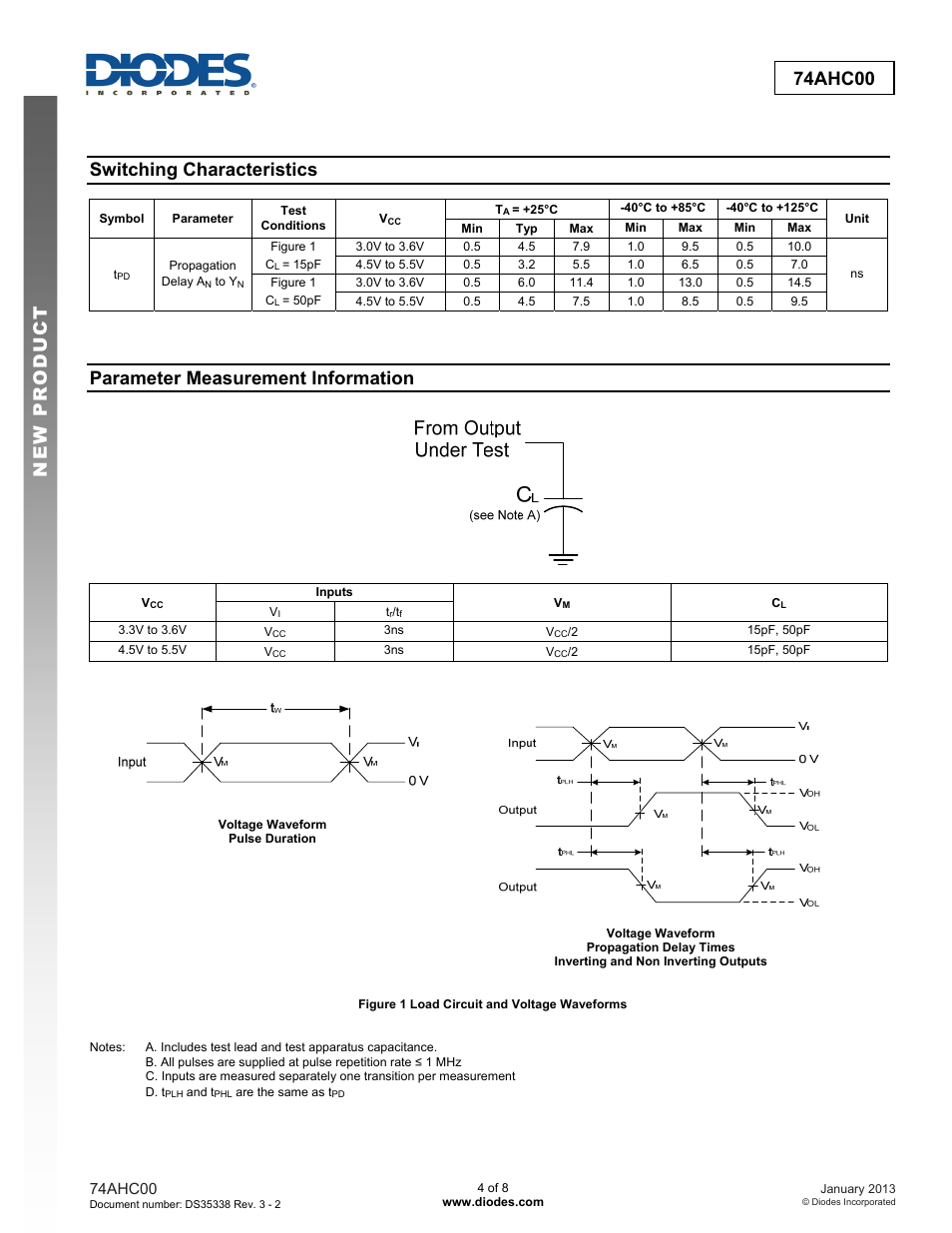New prod uc t 74ahc00, Switching characteristics, Parameter measurement information | Diodes 74AHC00 User Manual | Page 4 / 8