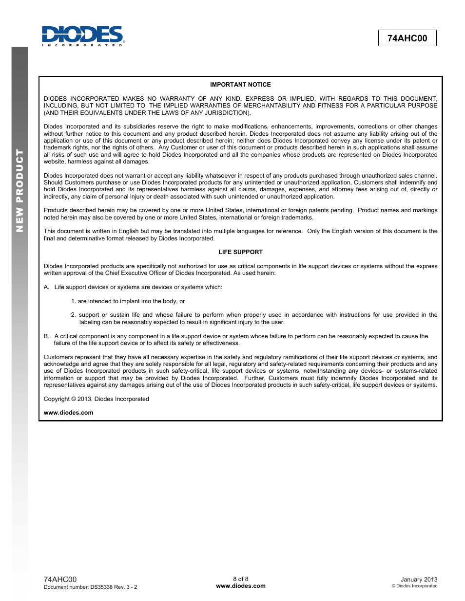 New prod uc t 74ahc00 | Diodes 74AHC00 User Manual | Page 8 / 8