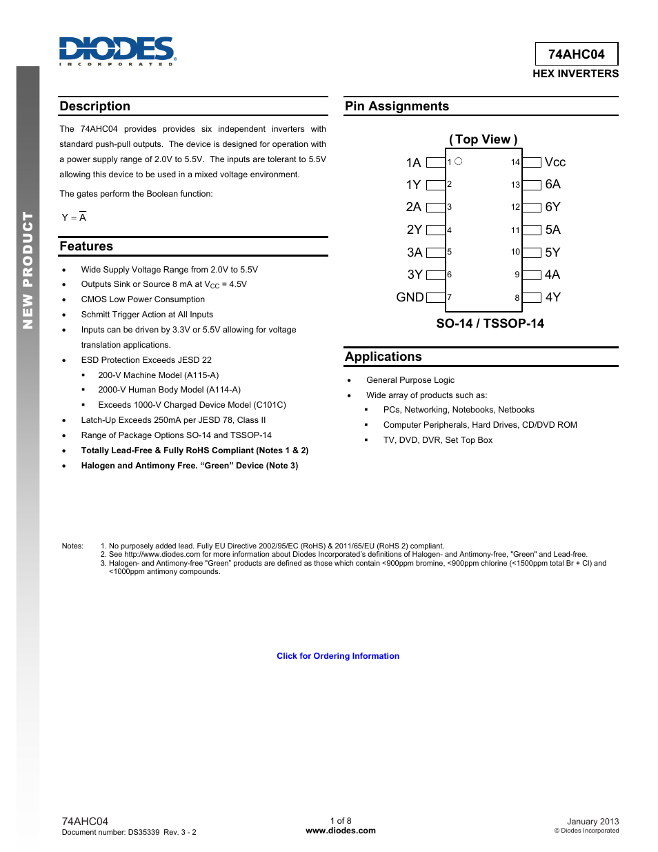 Diodes 74AHC04 User Manual | 8 pages