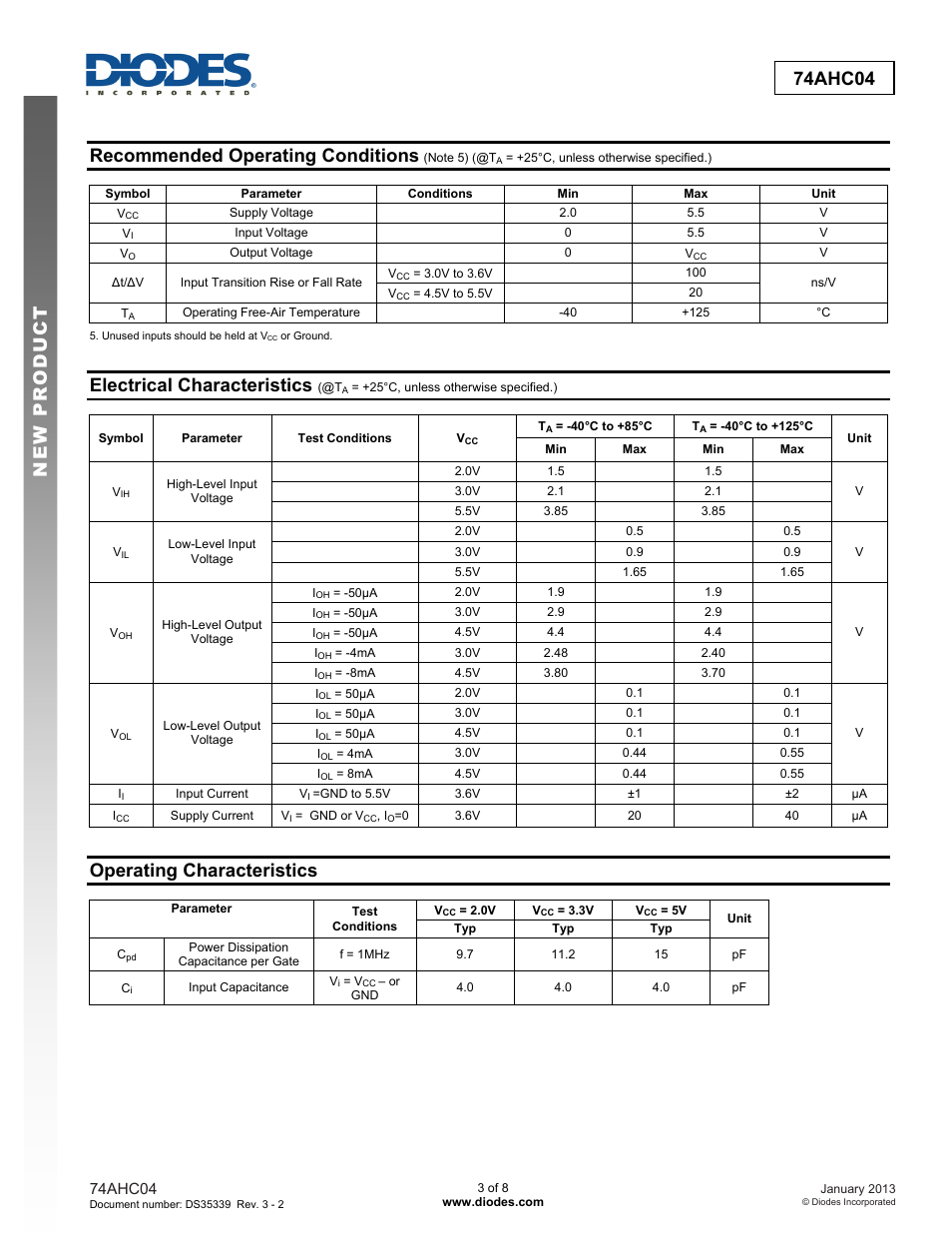 New prod uc t 74ahc04, Recommended operating conditions, Electrical characteristics | Operating characteristics | Diodes 74AHC04 User Manual | Page 3 / 8
