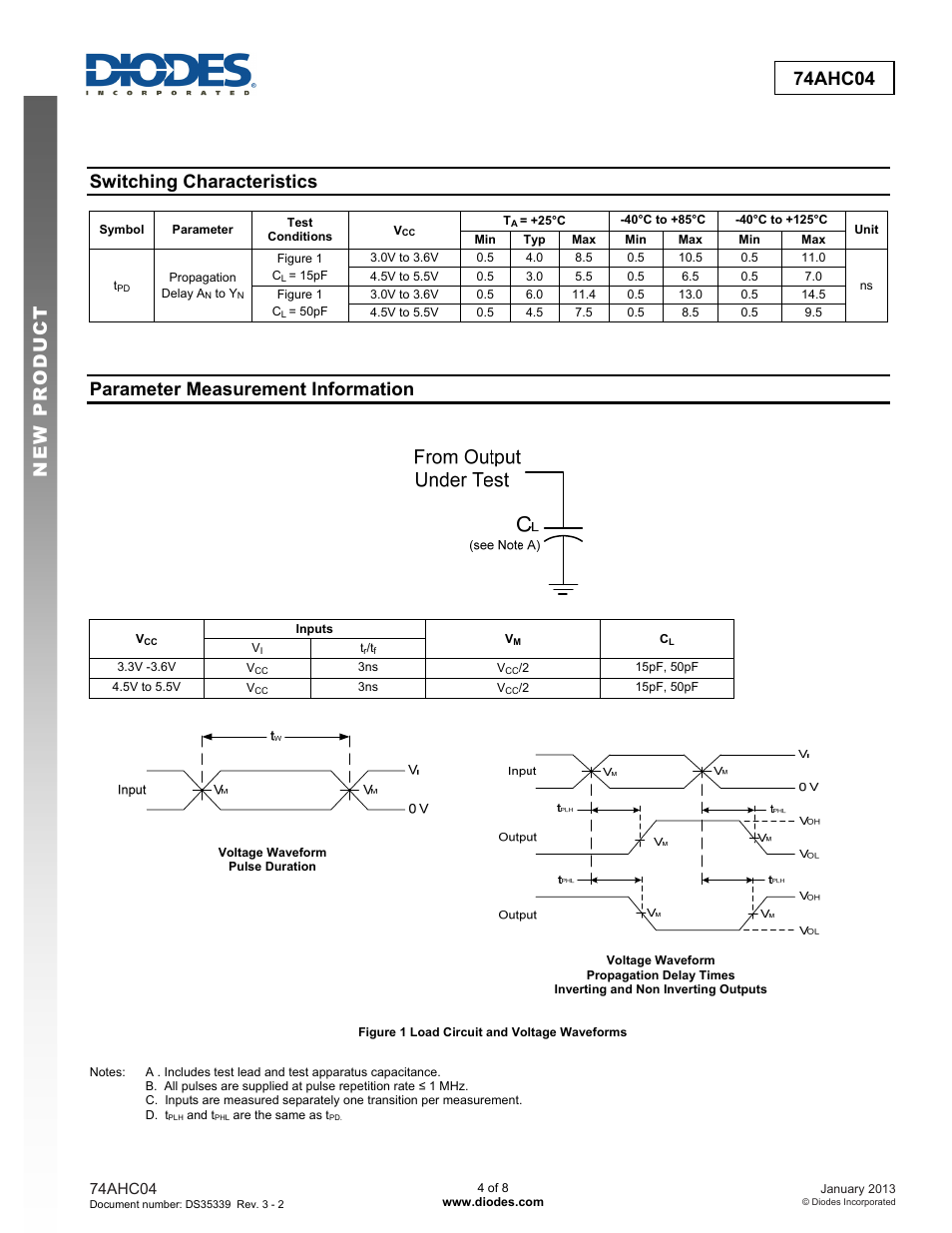 New prod uc t 74ahc04, Switching characteristics, Parameter measurement information | Diodes 74AHC04 User Manual | Page 4 / 8