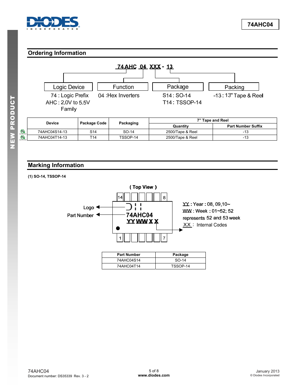 New prod uc t 74ahc04, Ordering information, Marking information | Diodes 74AHC04 User Manual | Page 5 / 8