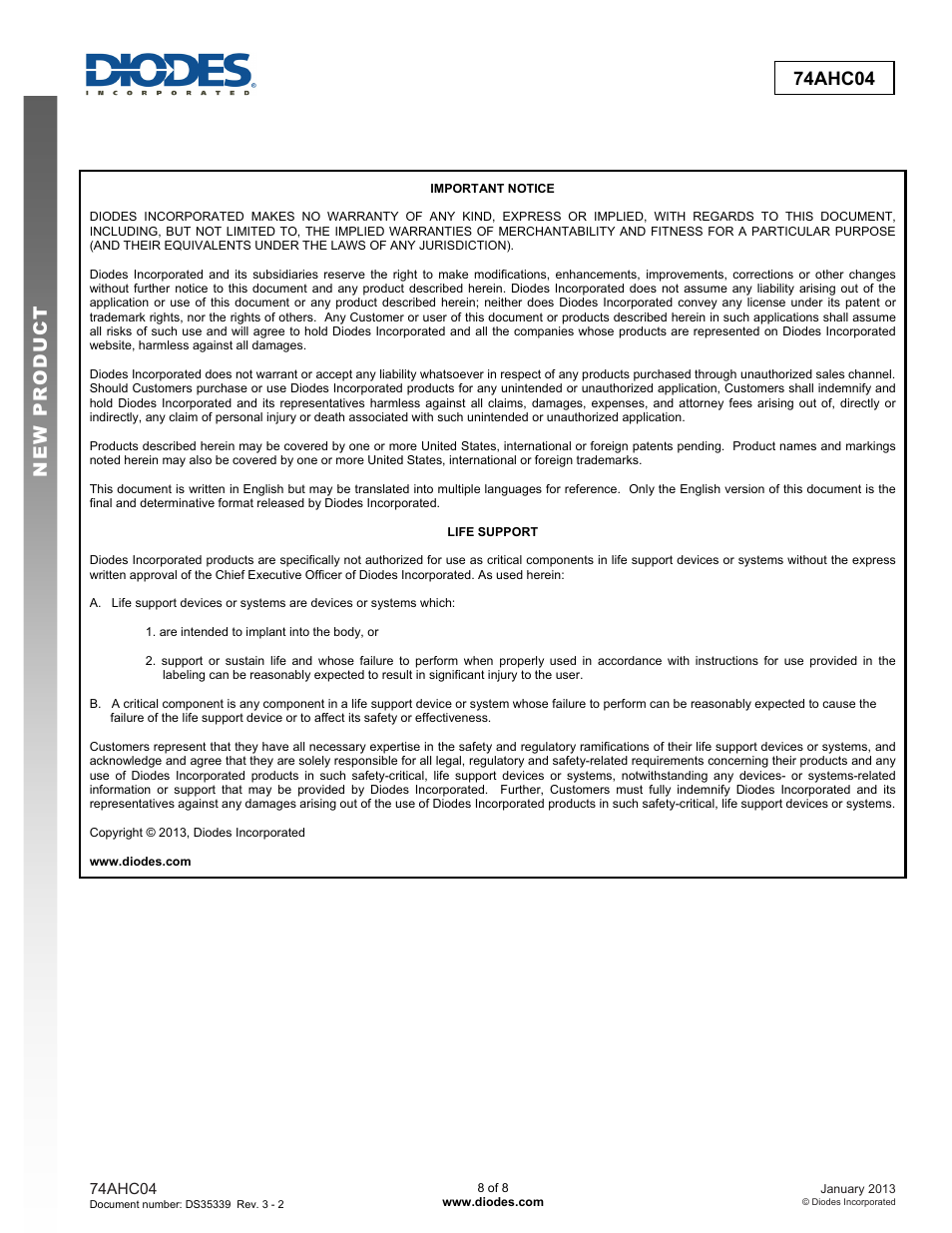 New prod uc t 74ahc04 | Diodes 74AHC04 User Manual | Page 8 / 8