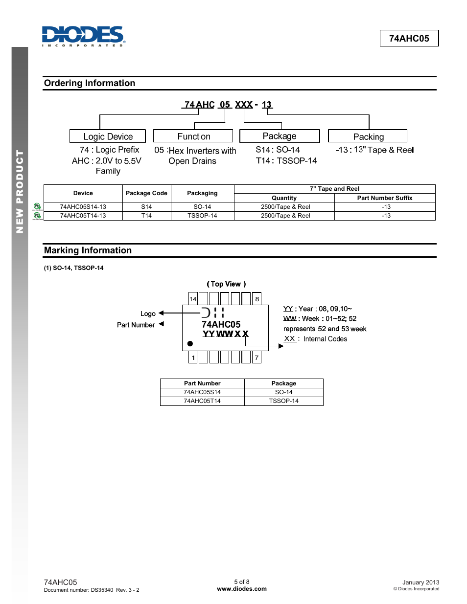 New prod uc t 74ahc05, Ordering information, Marking information | Diodes 74AHC05 User Manual | Page 5 / 8