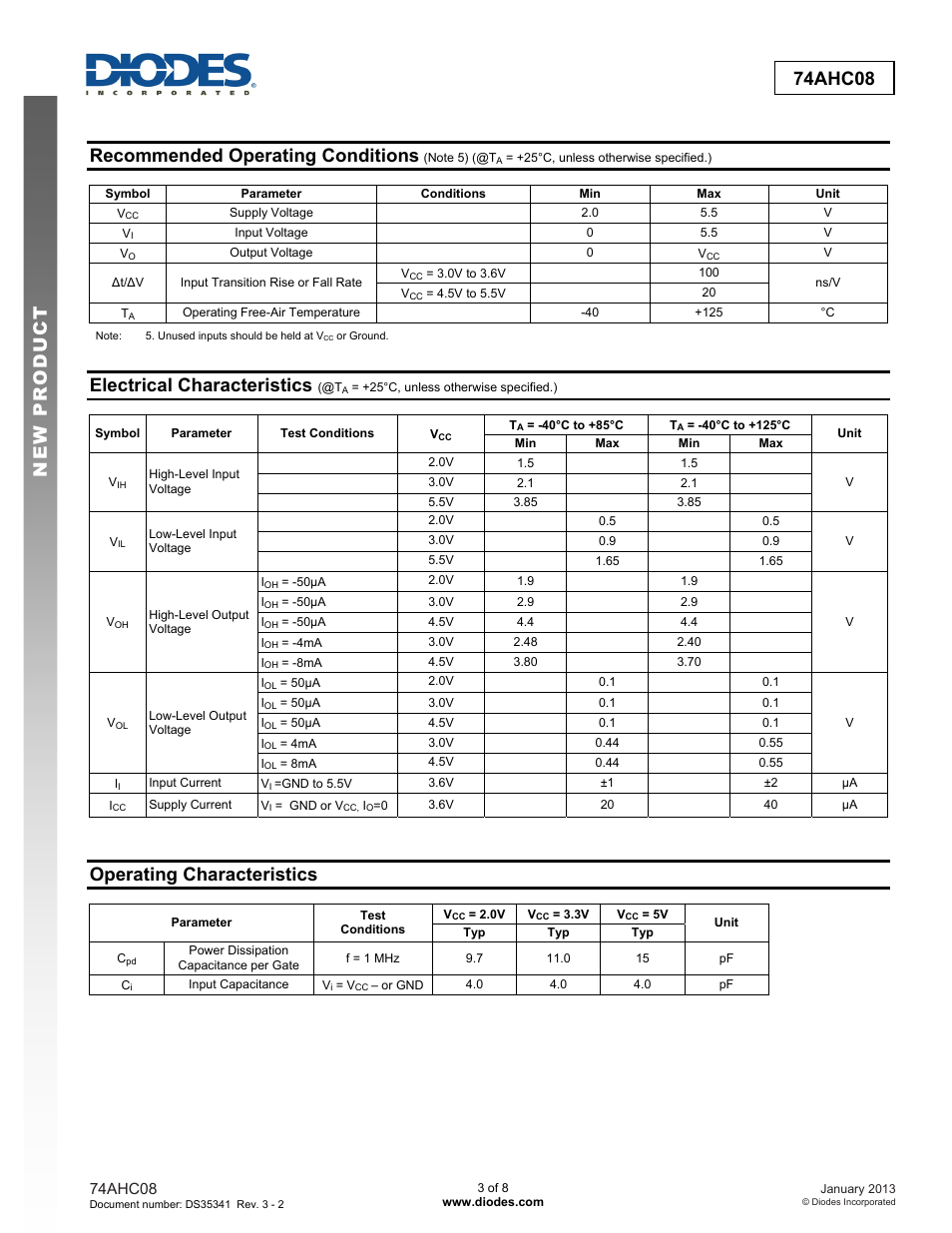 New prod uc t 74ahc08, Recommended operating conditions, Electrical characteristics | Operating characteristics | Diodes 74AHC08 User Manual | Page 3 / 8