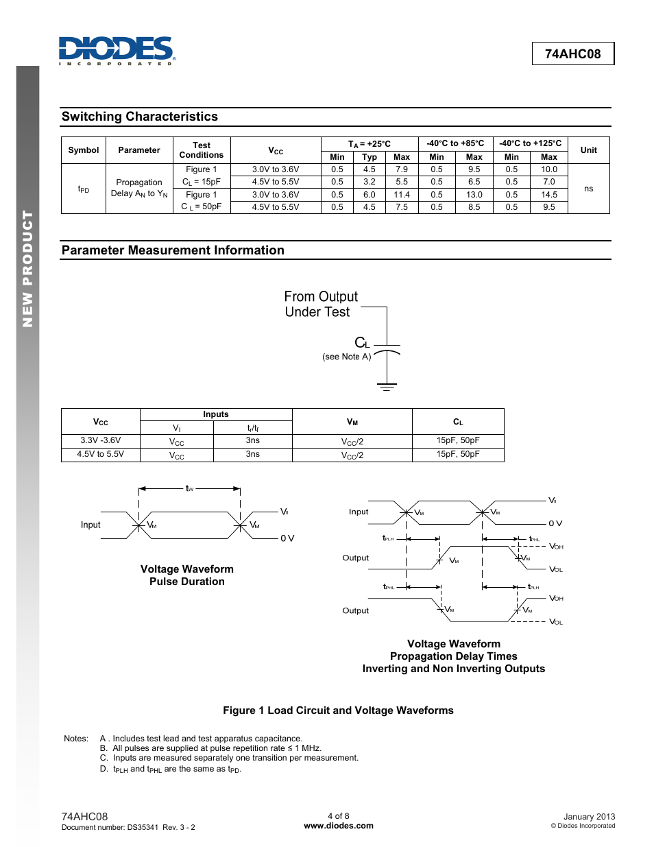 New prod uc t 74ahc08, Switching characteristics, Parameter measurement information | Diodes 74AHC08 User Manual | Page 4 / 8