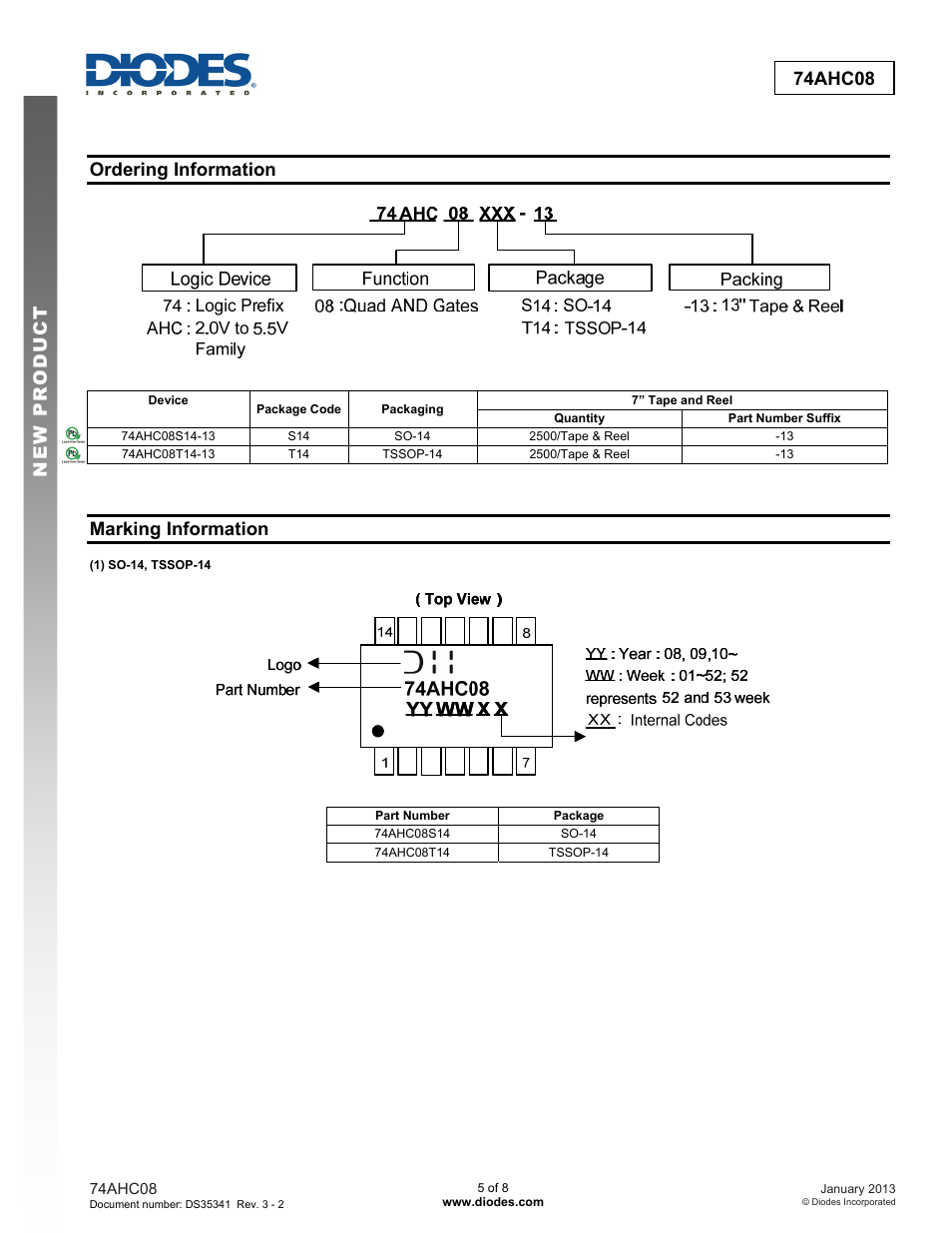 New prod uc t 74ahc08, Ordering information, Marking information | Diodes 74AHC08 User Manual | Page 5 / 8
