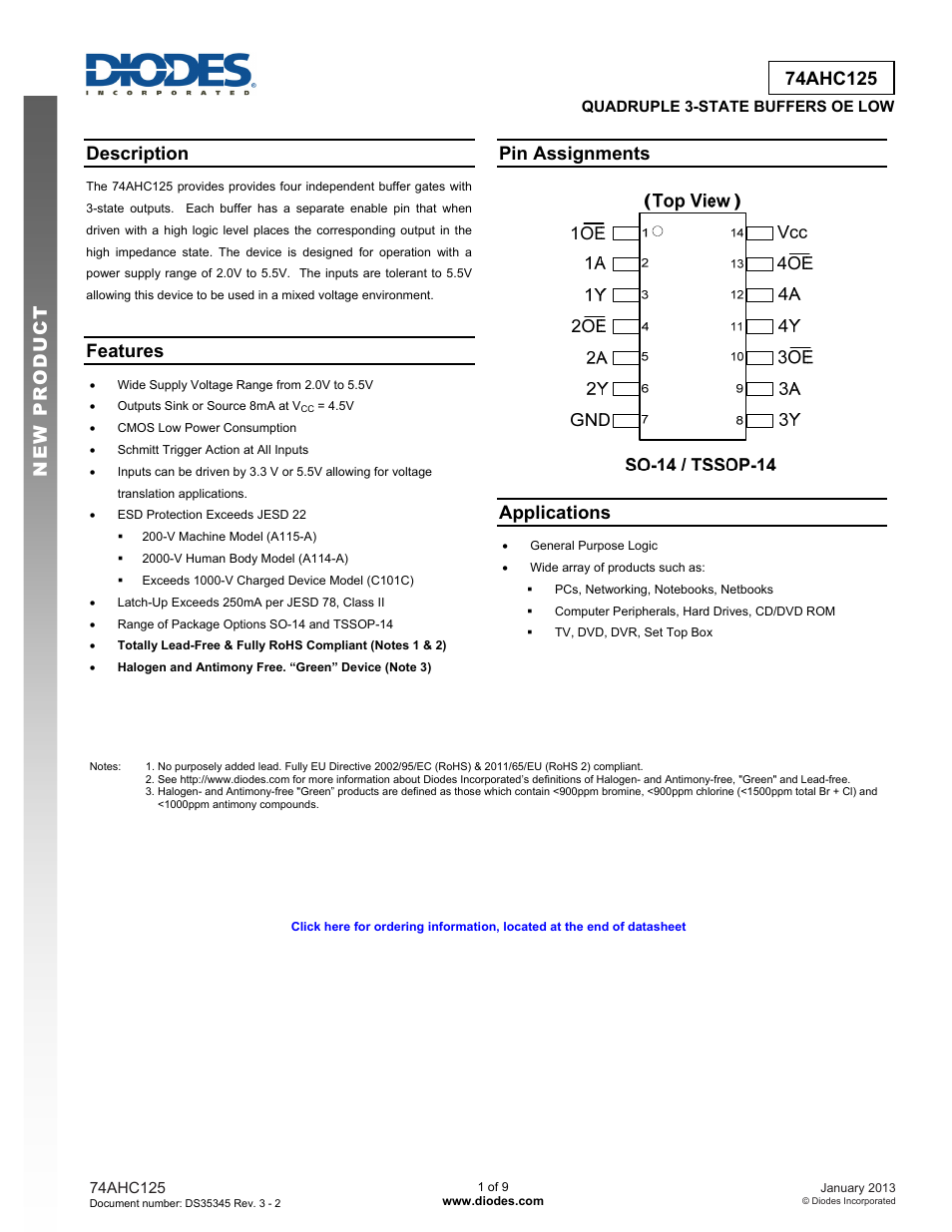 Diodes 74AHC125 User Manual | 9 pages