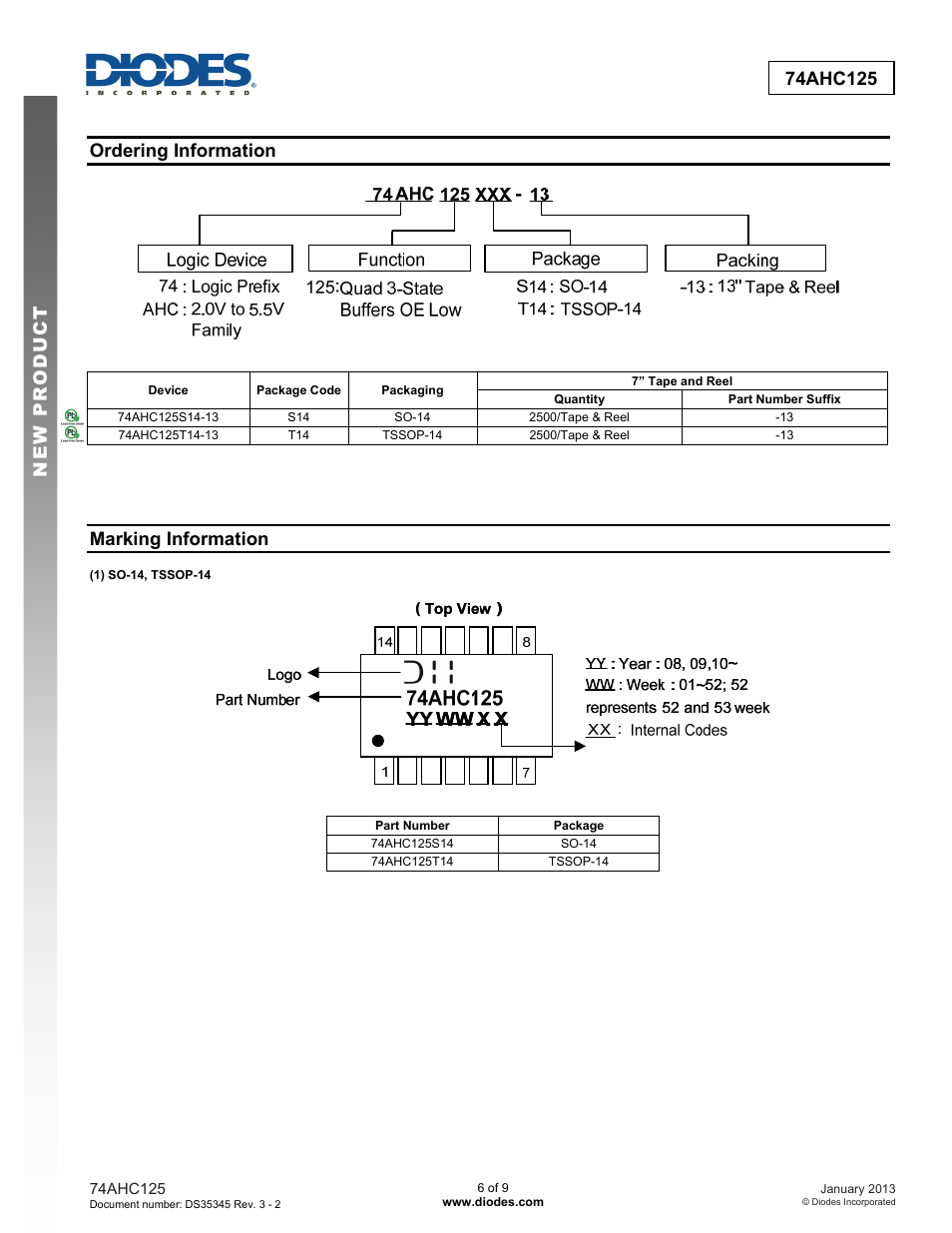 Ordering information, Marking information | Diodes 74AHC125 User Manual | Page 6 / 9