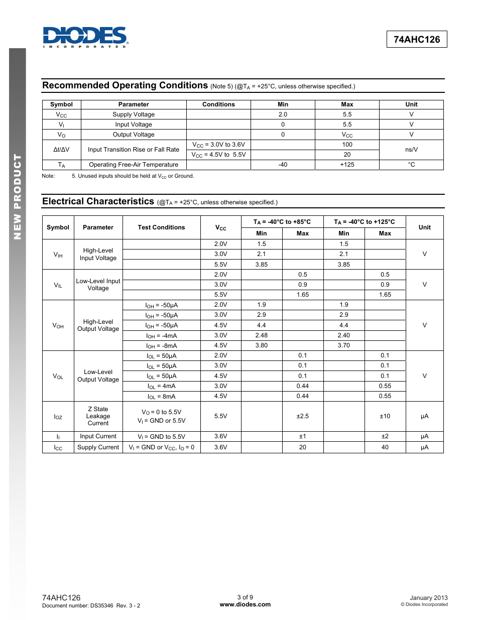 Recommended operating conditions, Electrical characteristics | Diodes 74AHC126 User Manual | Page 3 / 9