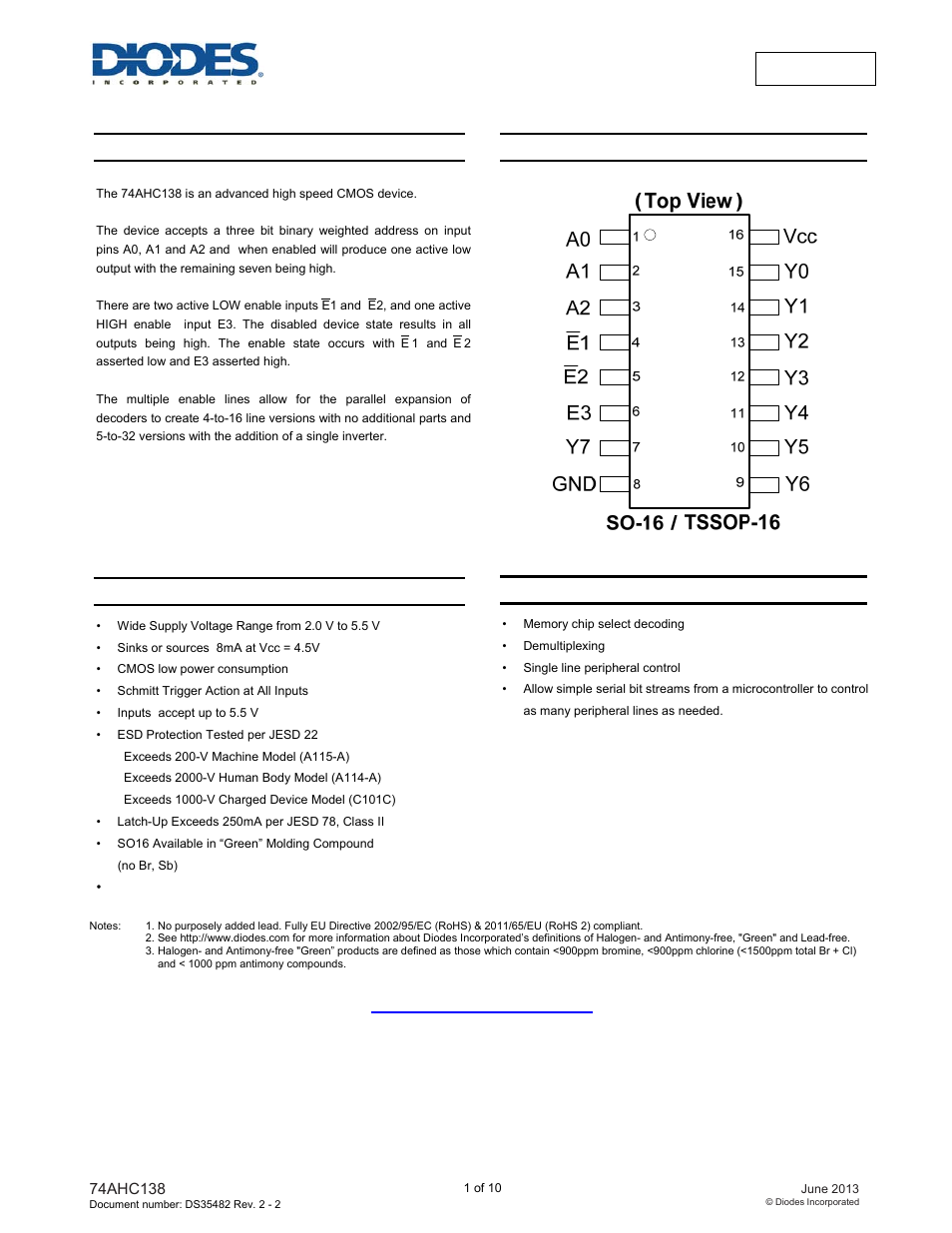 Diodes 74AHC138 User Manual | 10 pages
