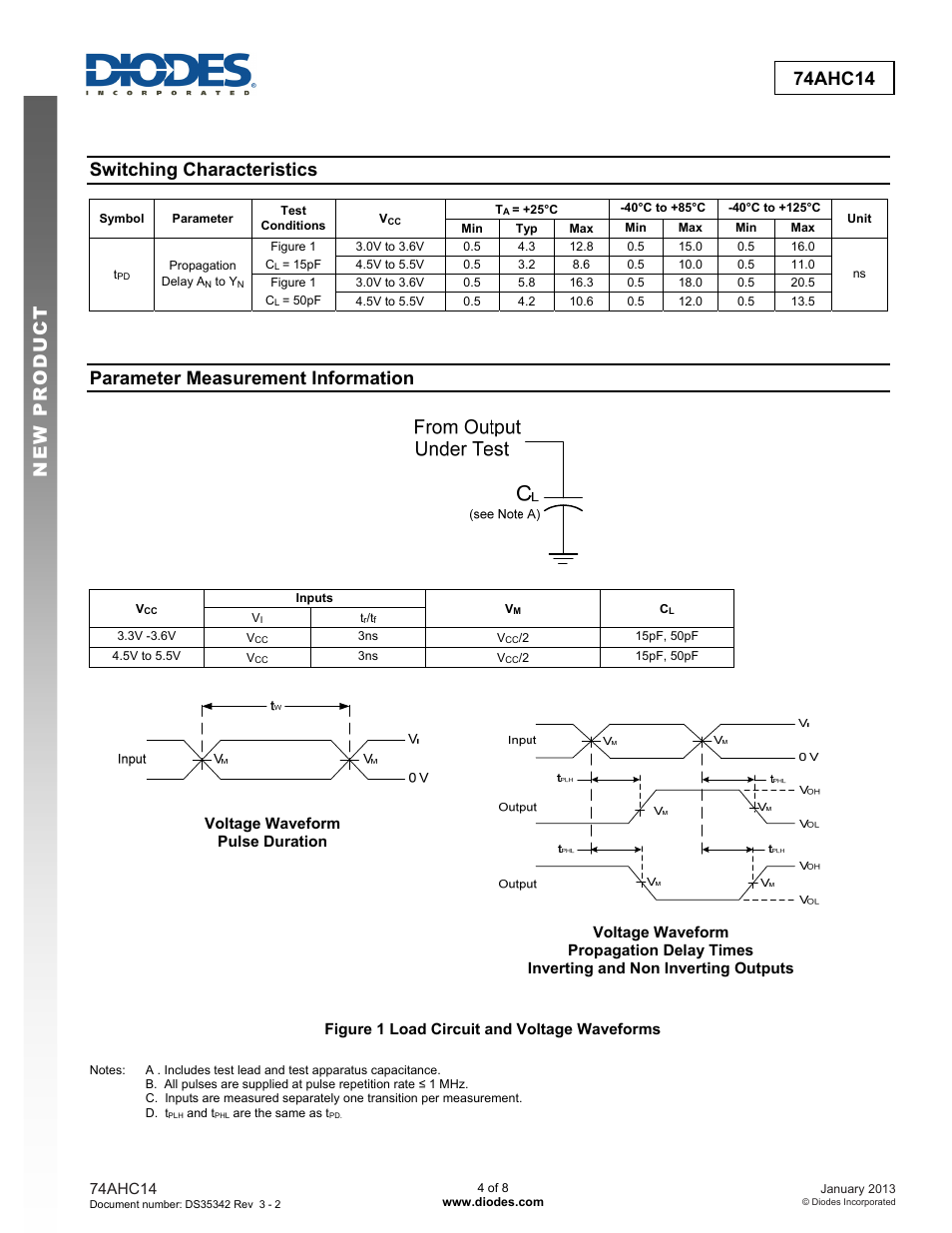 New prod uc t 74ahc14, Switching characteristics, Parameter measurement information | Diodes 74AHC14 User Manual | Page 4 / 8