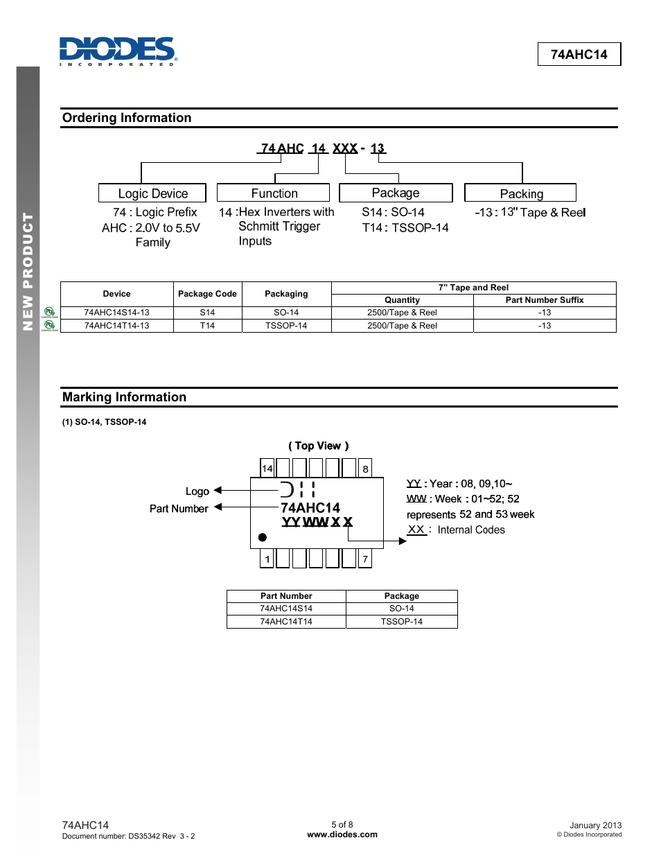 New prod uc t 74ahc14, Ordering information, Marking information | Diodes 74AHC14 User Manual | Page 5 / 8