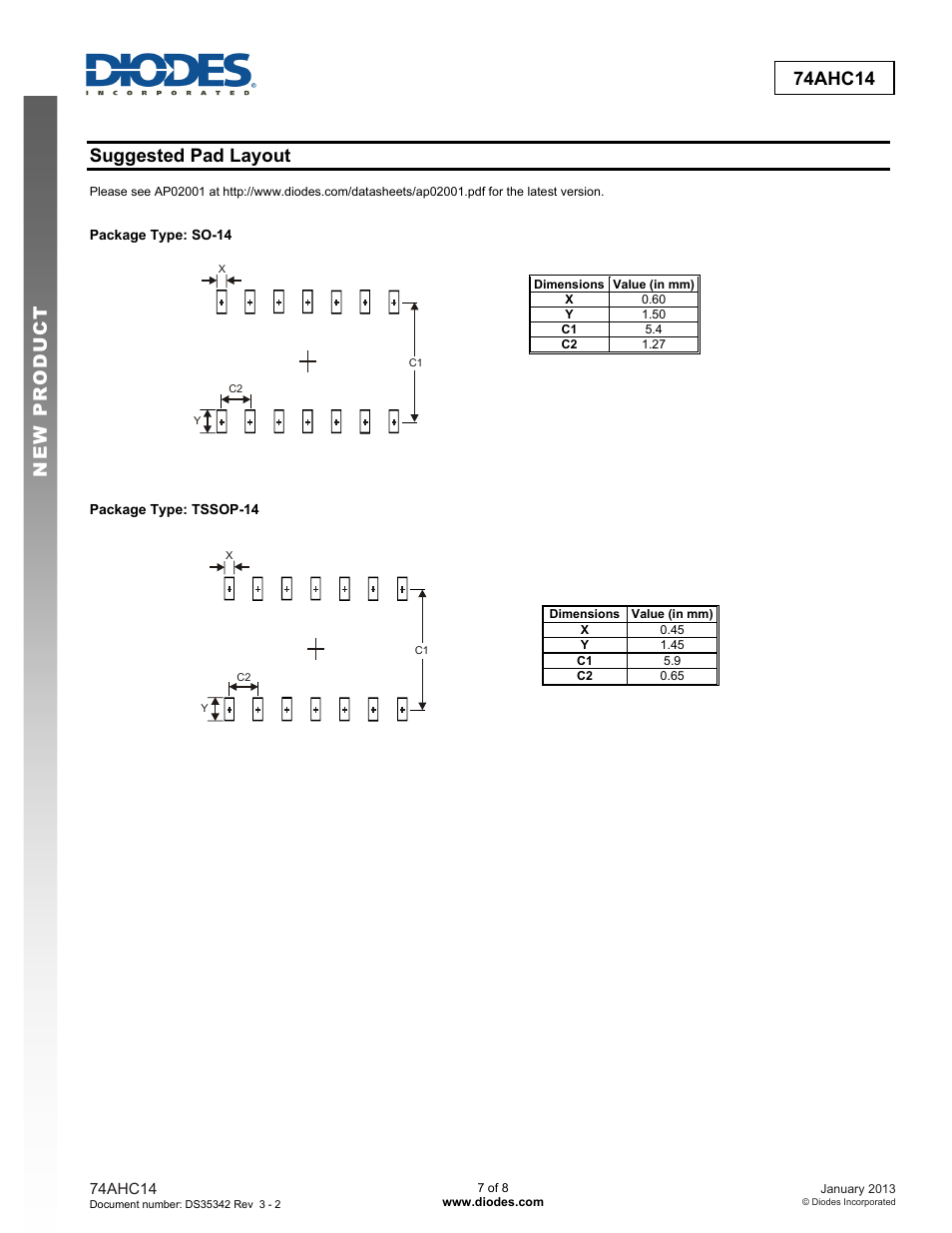 New prod uc t 74ahc14, Suggested pad layout | Diodes 74AHC14 User Manual | Page 7 / 8