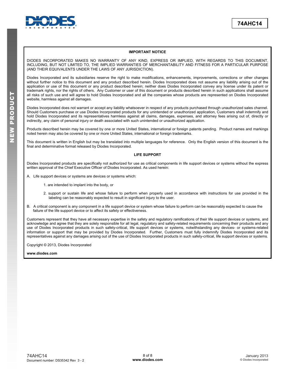 New prod uc t 74ahc14 | Diodes 74AHC14 User Manual | Page 8 / 8