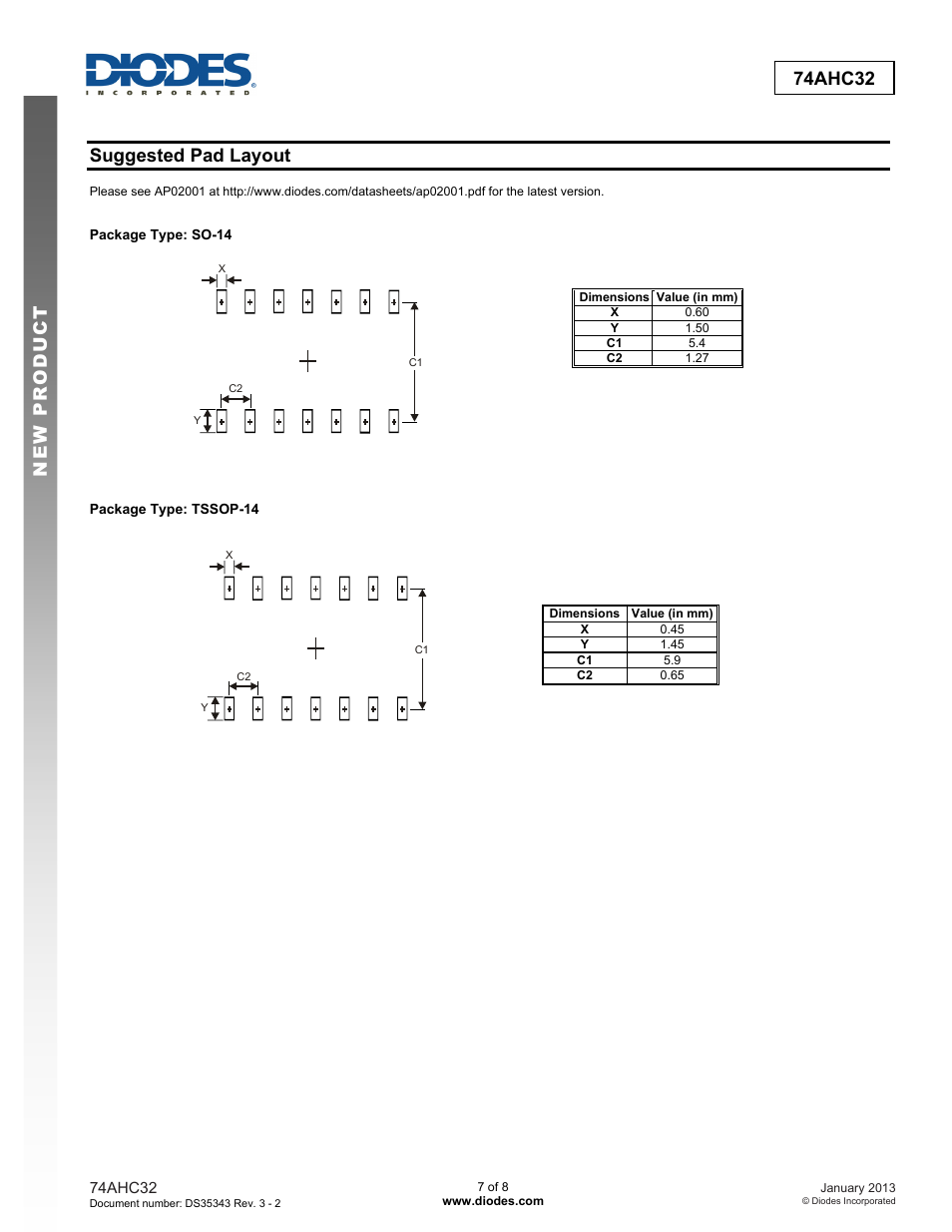 New prod uc t 74ahc32, Suggested pad layout | Diodes 74AHC32 User Manual | Page 7 / 8