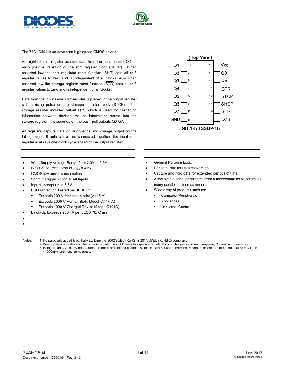 Diodes 74AHC594 User Manual | 11 pages