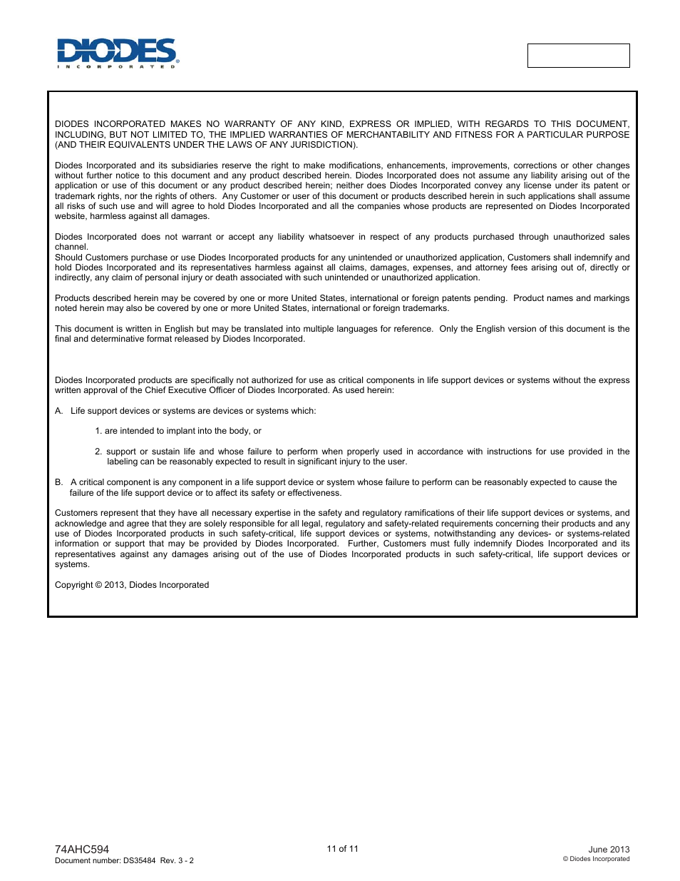 Diodes 74AHC594 User Manual | Page 11 / 11