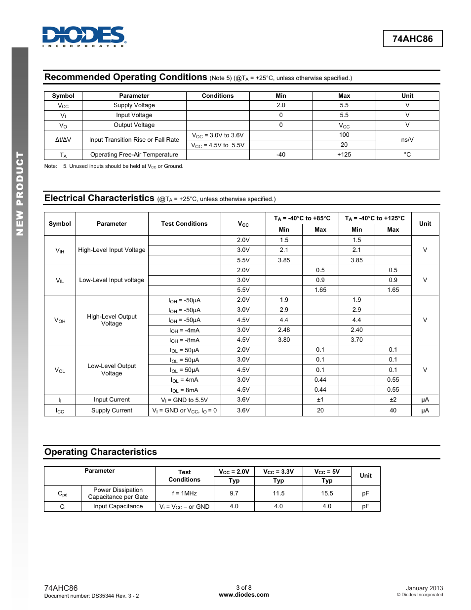 New prod uc t 74ahc86, Recommended operating conditions, Electrical characteristics | Operating characteristics | Diodes 74AHC86 User Manual | Page 3 / 8