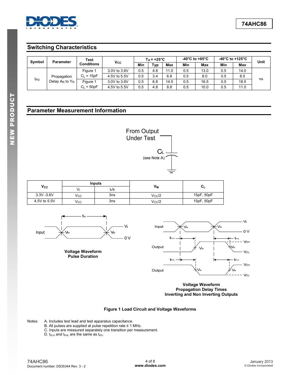 New prod uc t 74ahc86, Switching characteristics, Parameter measurement information | Diodes 74AHC86 User Manual | Page 4 / 8