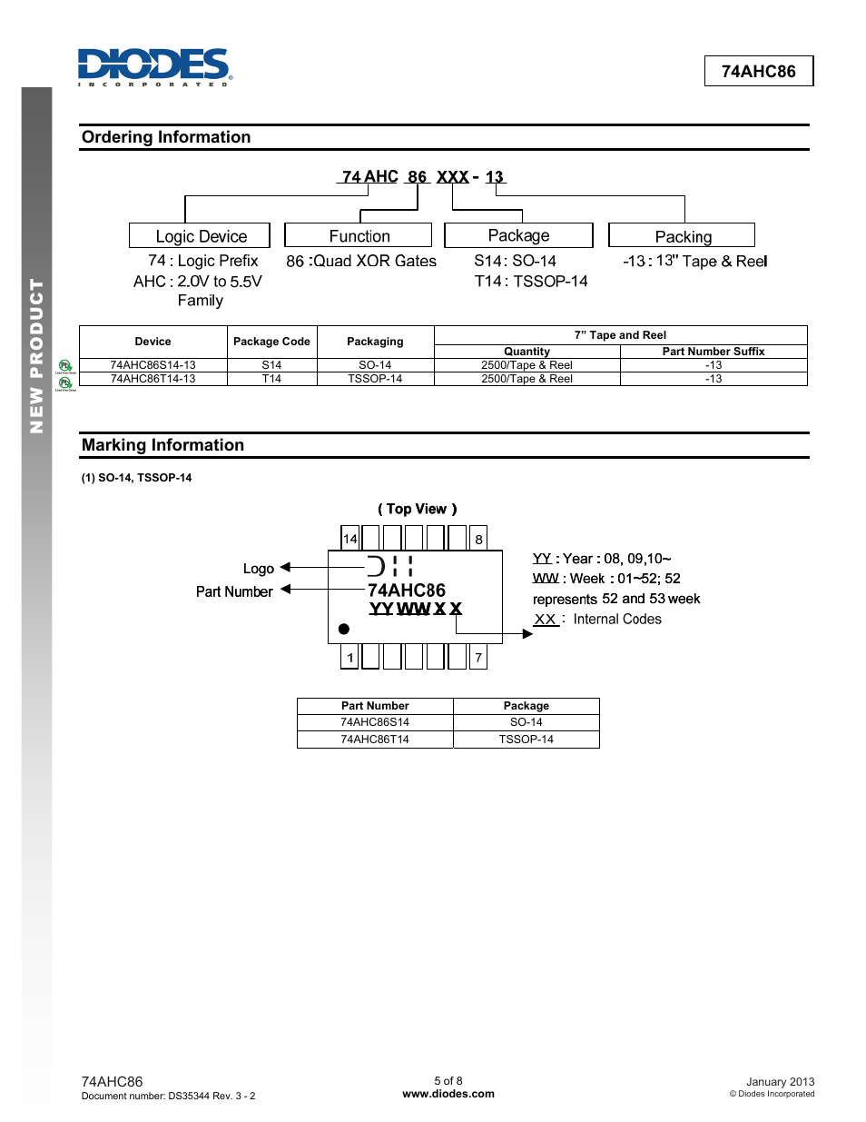 New prod uc t 74ahc86, Ordering information, Marking information | Diodes 74AHC86 User Manual | Page 5 / 8